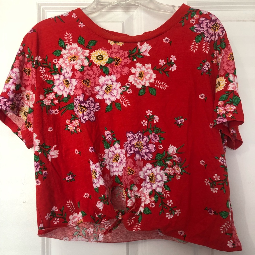 H&M Red Floral Cropped Tie in Front Top